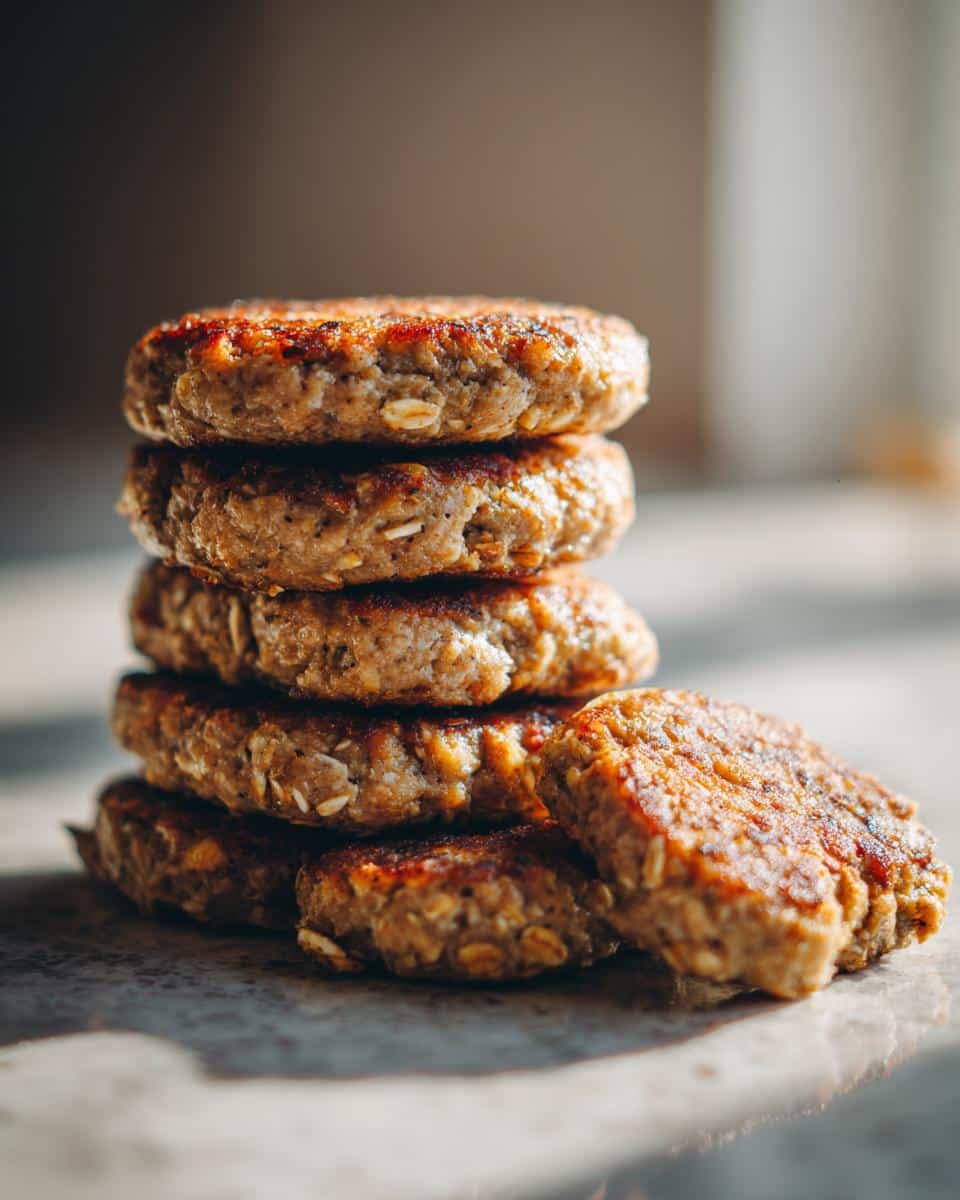 A stack of freshly cooked Lamb & Oat Burgers – Recipe for Dogs, showing visible oats and a golden-brown crust.