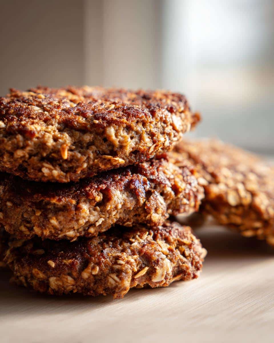 A stack of freshly cooked Lamb & Oat Burgers for Dogs, showcasing their texture and appetizing appearance.