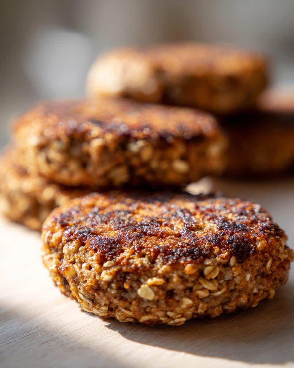 A stack of freshly cooked Lamb & Oat Burgers for Dogs, showing their texture and golden-brown color.