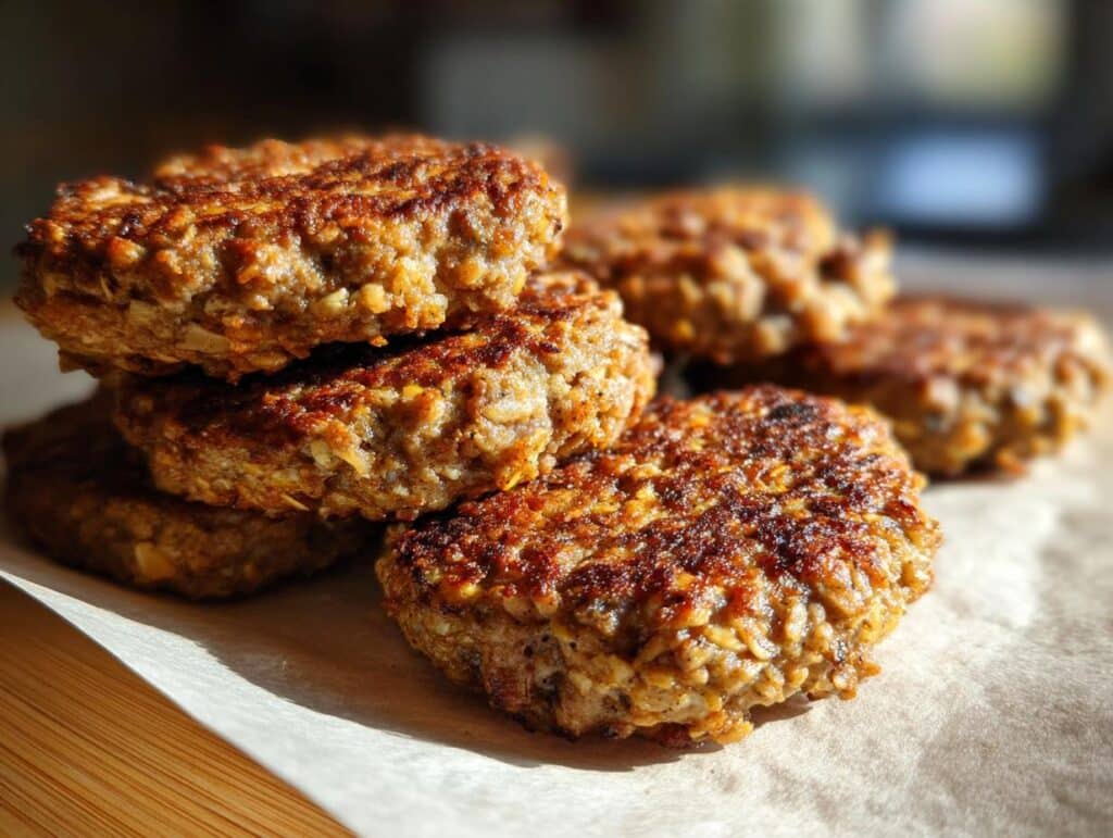 A stack of freshly cooked Lamb & Oat Burgers – Recipe for Dogs, golden brown and ready to serve.