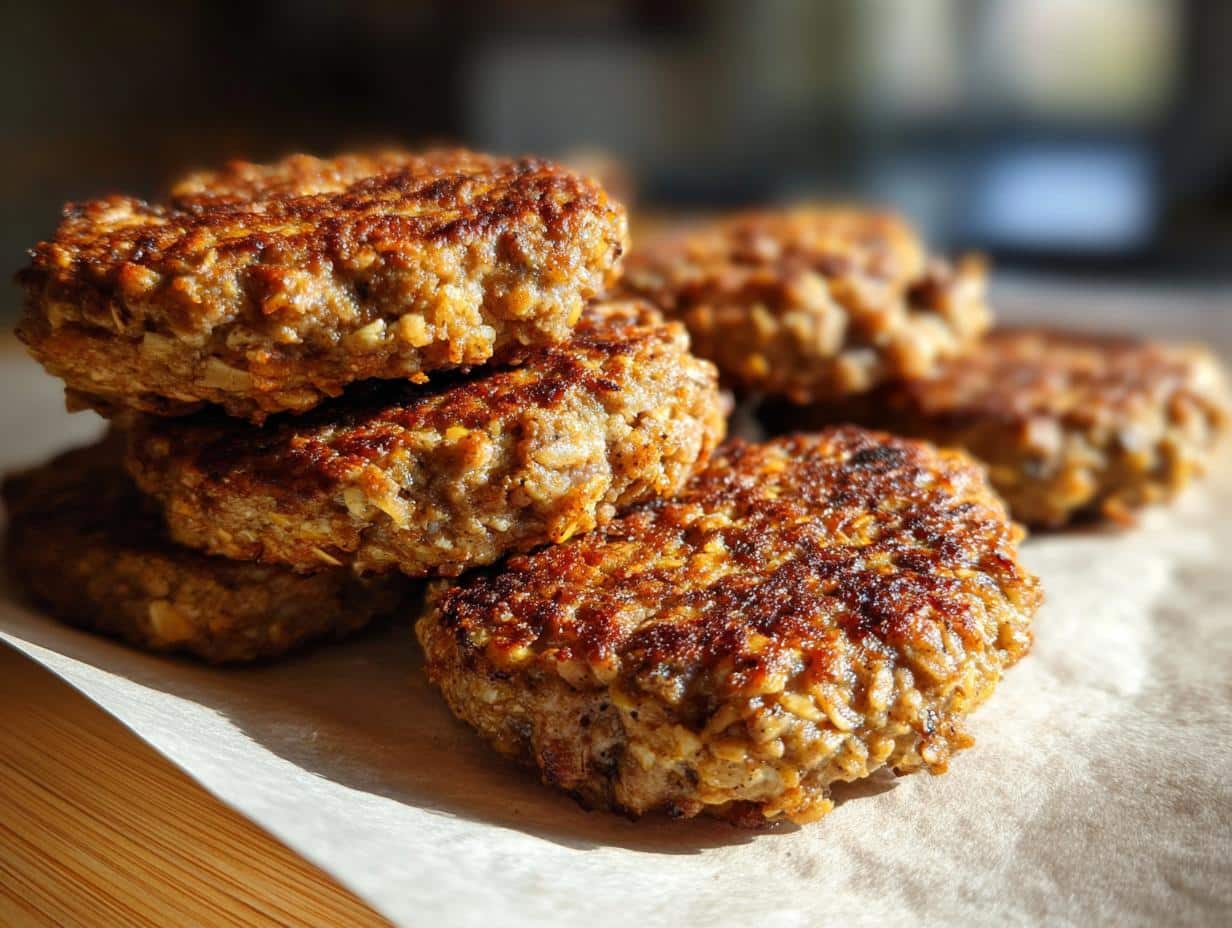 A stack of freshly cooked Lamb & Oat Burgers – Recipe for Dogs, golden brown and ready to serve.