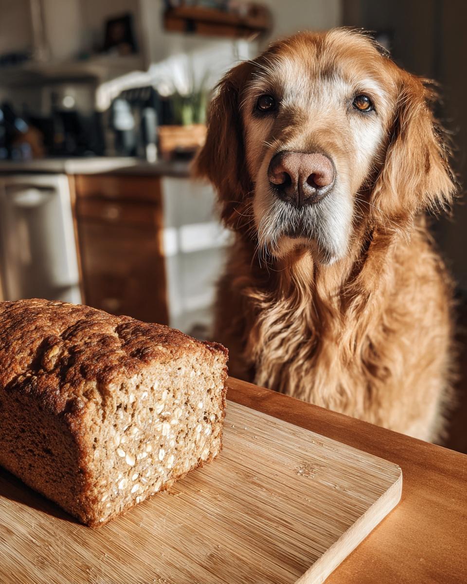 Golden Retriever dog looking at a loaf of Lamb & Oat Loaf. Homemade dog treat recipe.