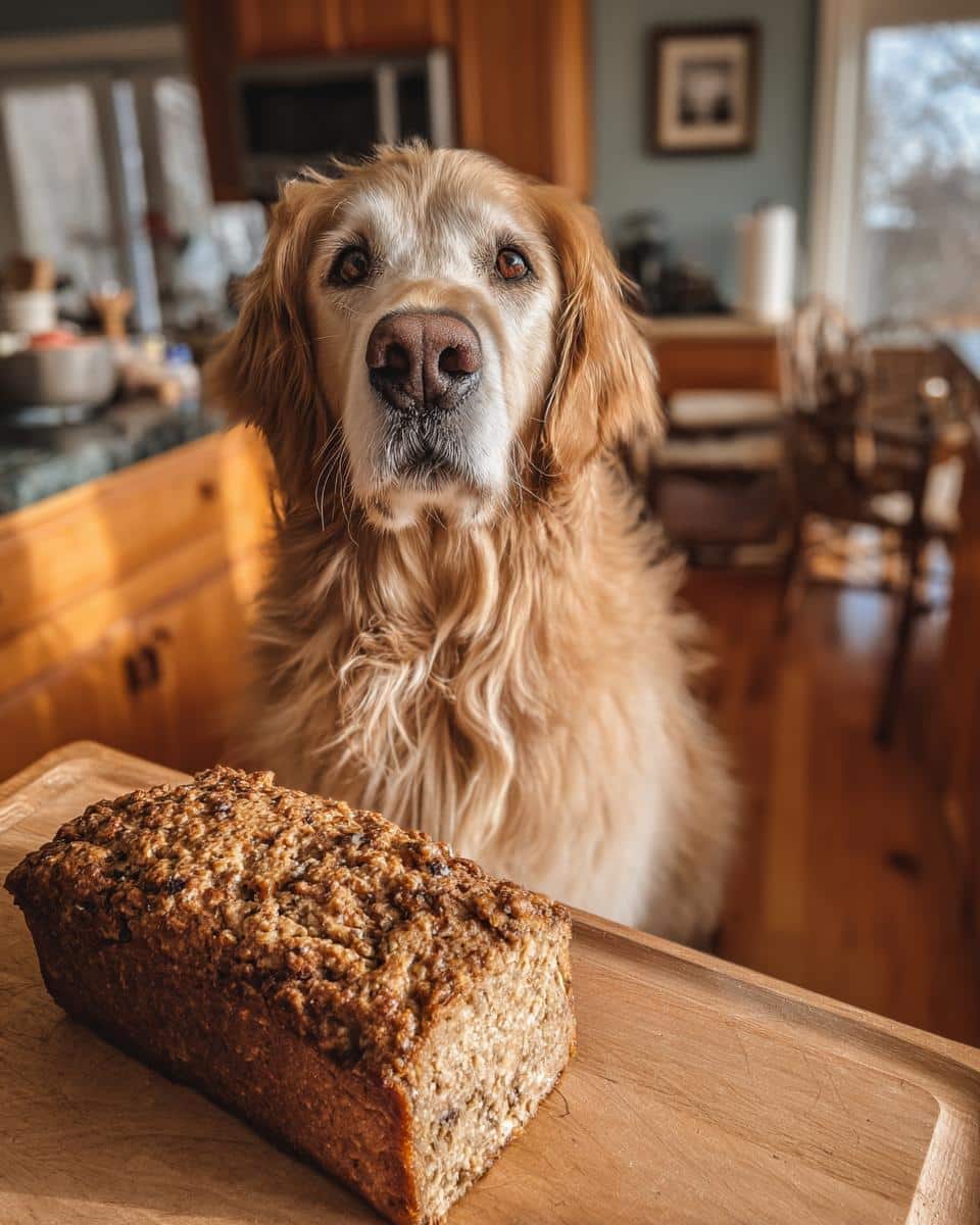 Golden retriever looking at the camera next to a freshly baked Lamb & Oat Loaf – Recipe for Dogs.
