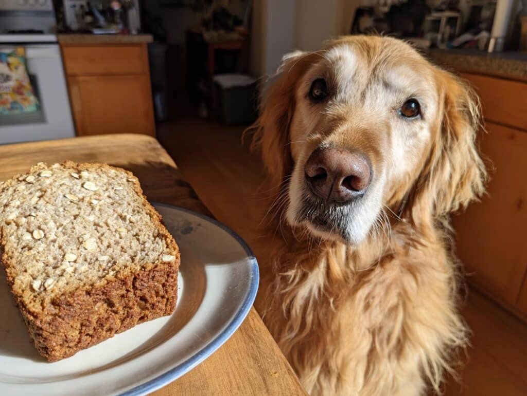 Golden Retriever looks longingly at a slice of Lamb & Oat Loaf – Recipe for Dogs on a plate.