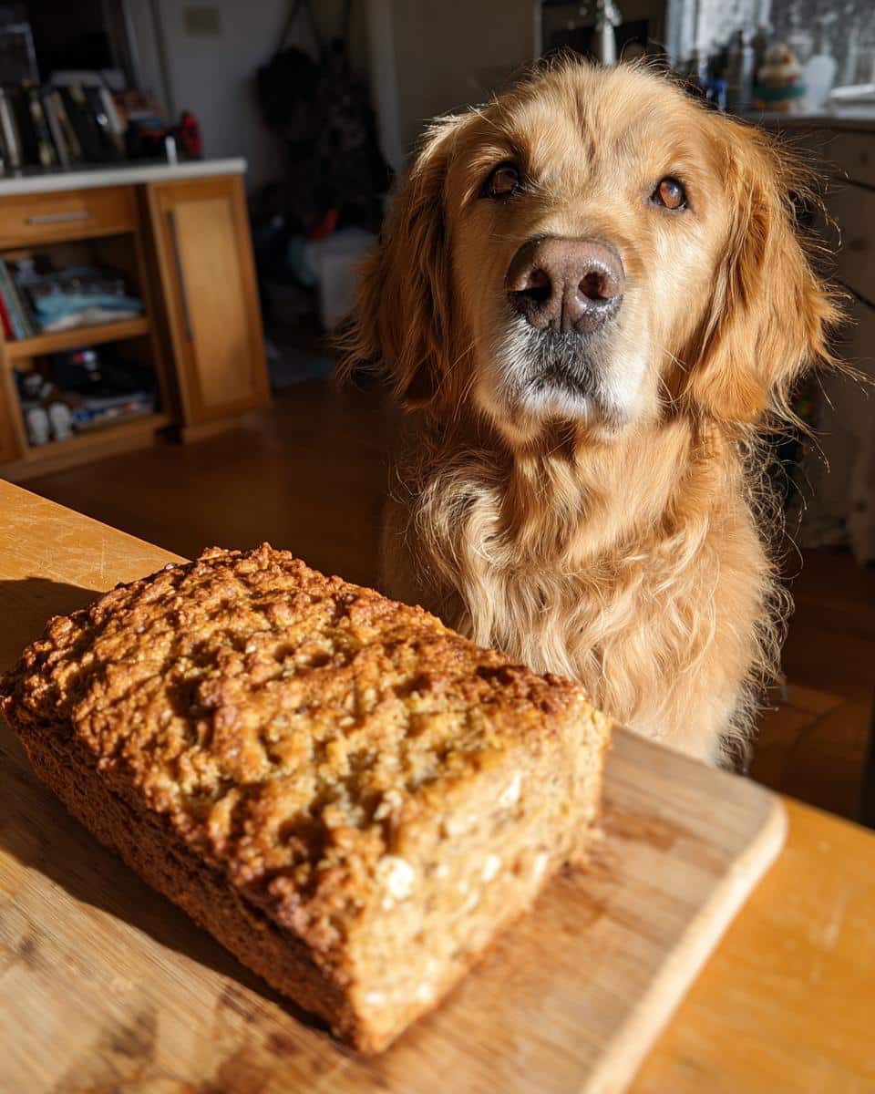 Golden Retriever dog looking longingly at a freshly baked Lamb & Oat Loaf – Recipe for Dogs.