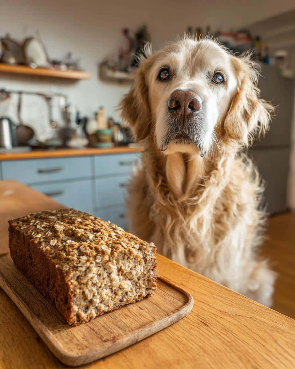 Golden Retriever dog gazes at a Lamb & Oat Loaf – Recipe for Dogs on a wooden board, in a kitchen setting.