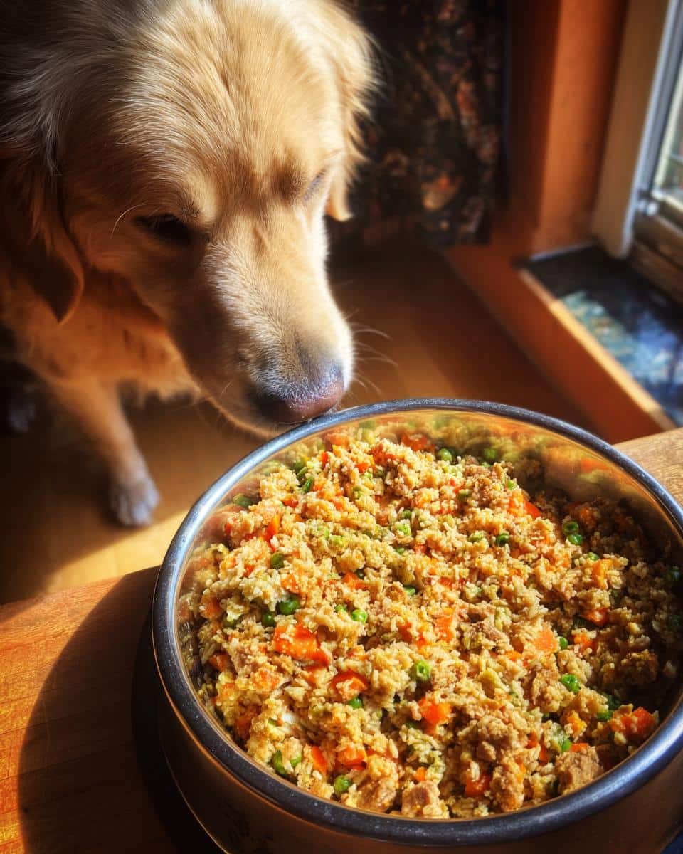 Golden Retriever dog looking at a bowl of Lamb & Rice Large Dog Recipe. Nutritious and delicious!