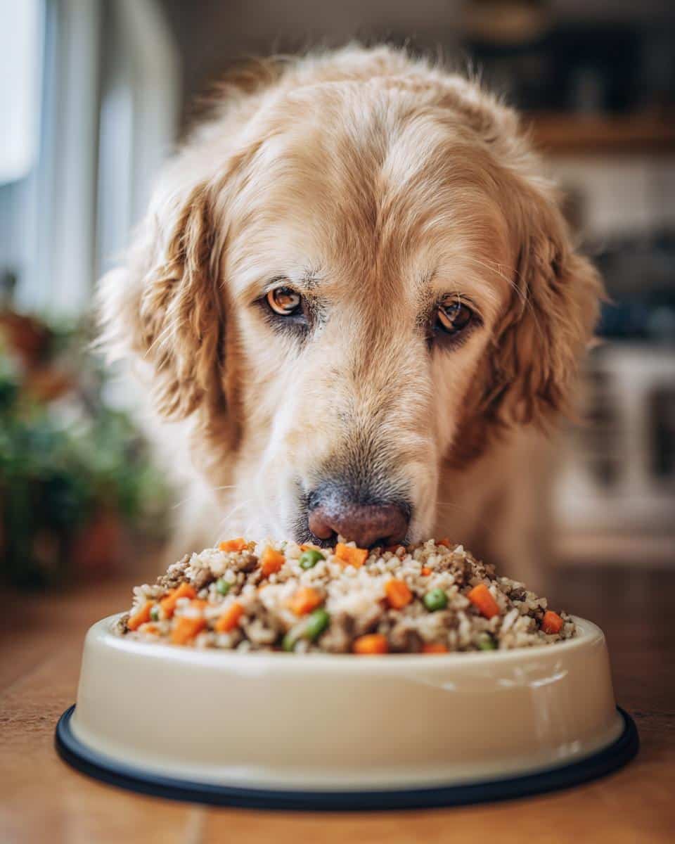 A golden retriever eagerly eating a bowl of Lamb & Rice Large Dog Recipe with visible rice, lamb, carrots, and peas.