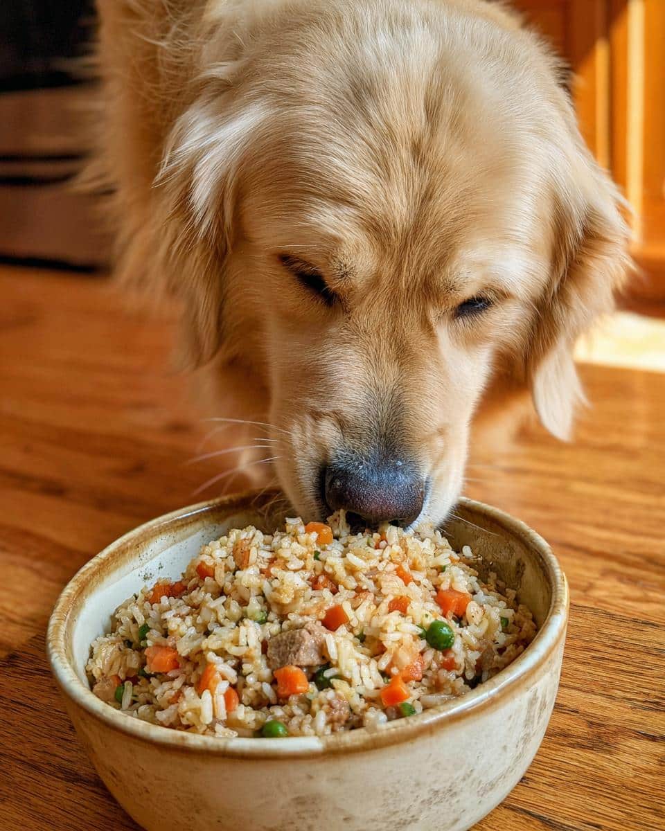 Golden Retriever dog eating a bowl of Lamb & Rice Large Dog Recipe with carrots and peas.