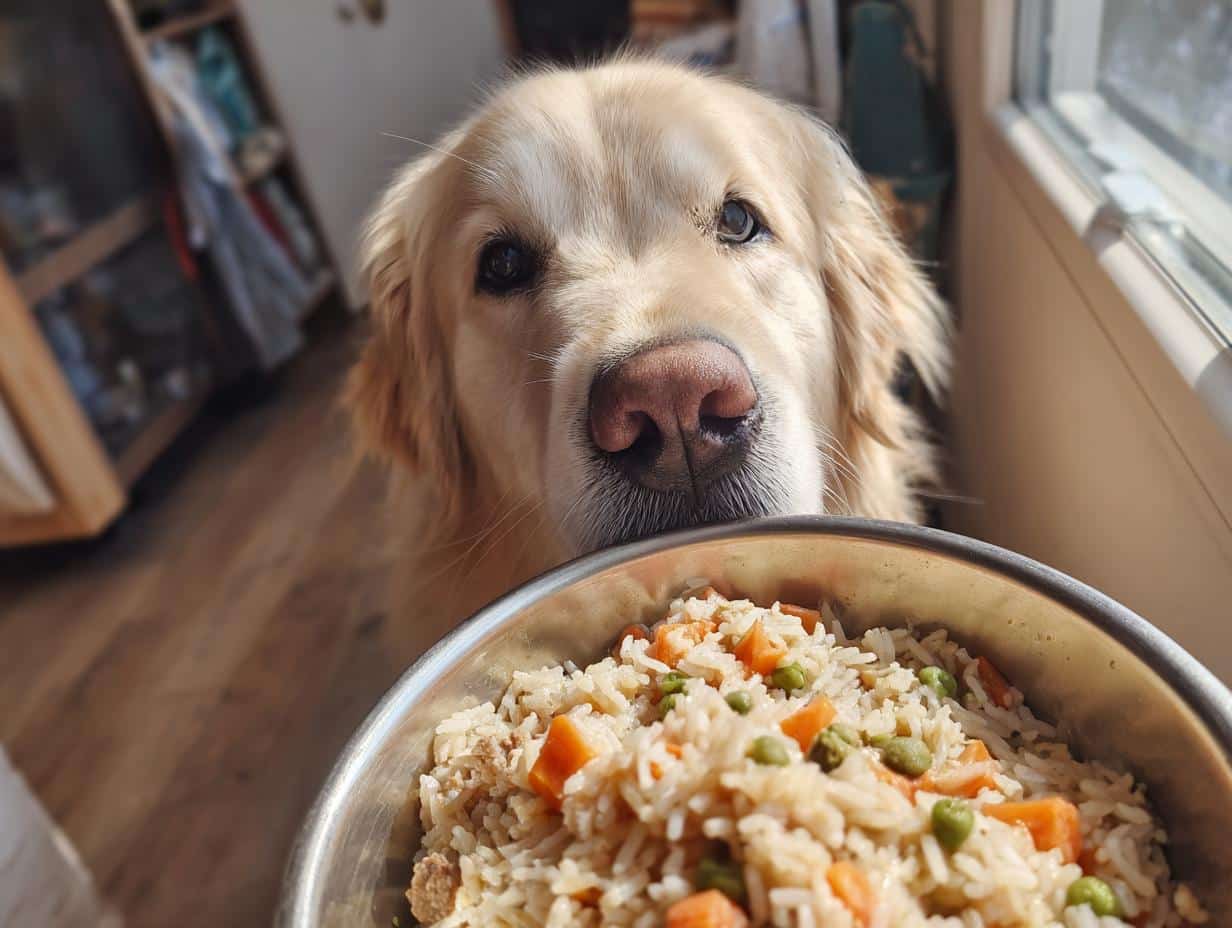 Golden retriever looking at a bowl of Lamb & Rice Large Dog Recipe with carrots and peas.