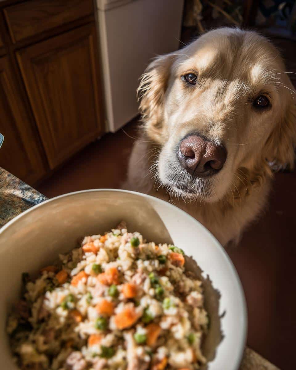 Golden Retriever dog looking at a bowl of Lamb & Rice Large Dog Recipe, ready to eat.