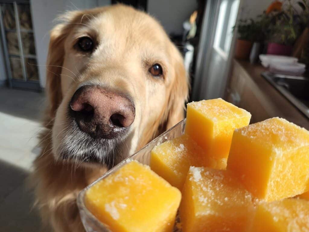 Golden retriever dog looking at a container of Mango Frozen Smoothie Cubes. Recipe for dogs.