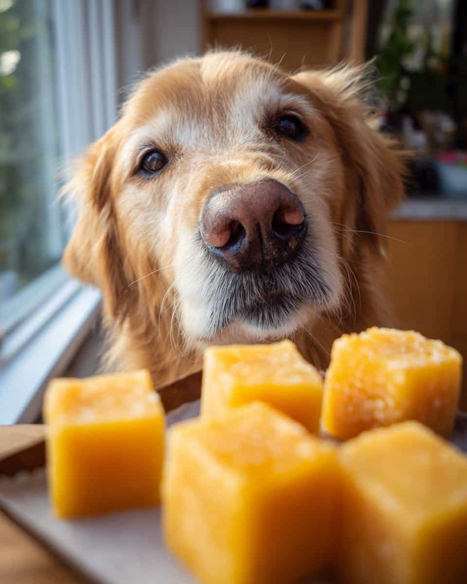 Golden Retriever dog looking at Mango Frozen Smoothie Cubes. Recipe for dogs.