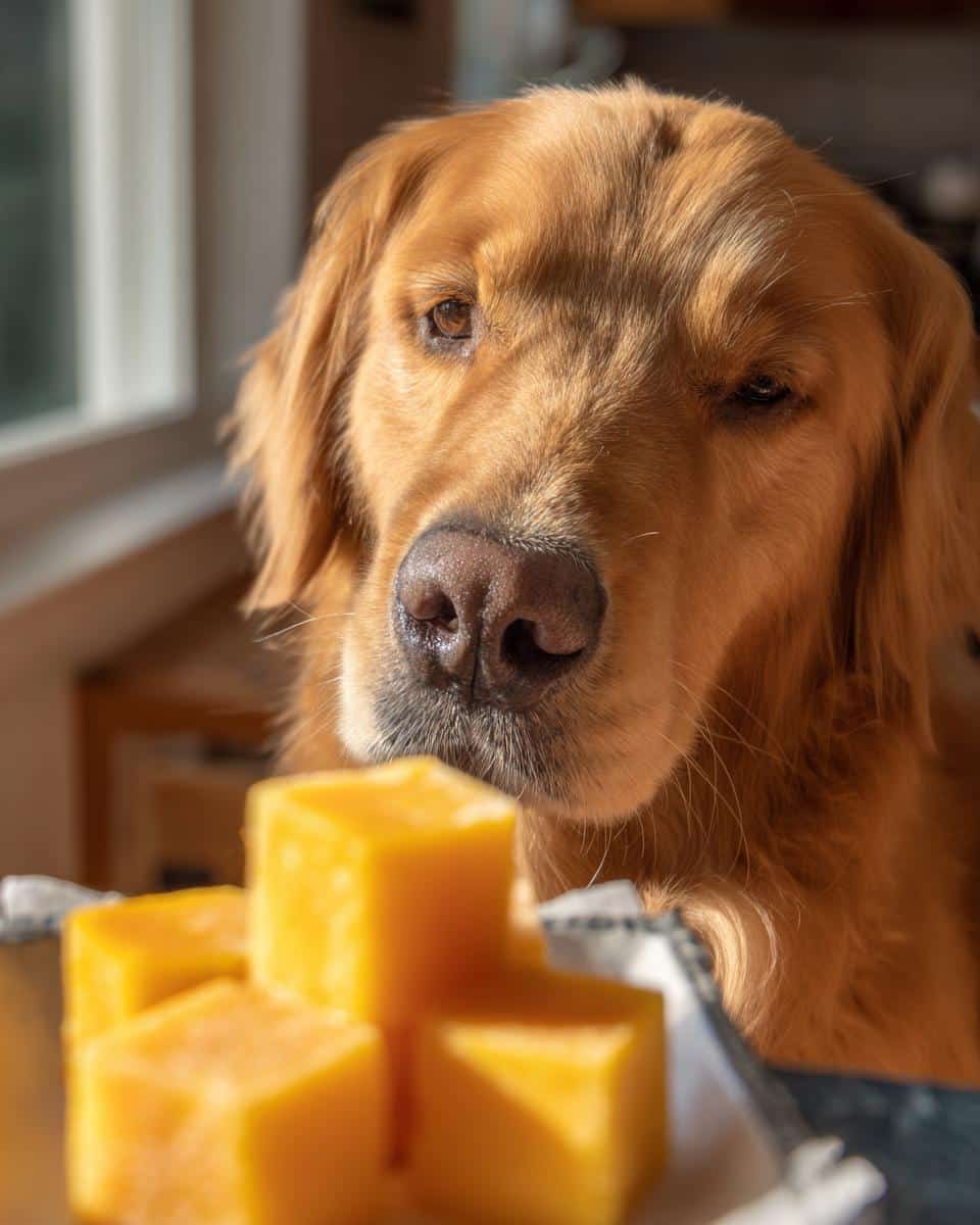 Golden Retriever dog looking at a plate of Mango Frozen Smoothie Cubes – Recipe for Dogs.