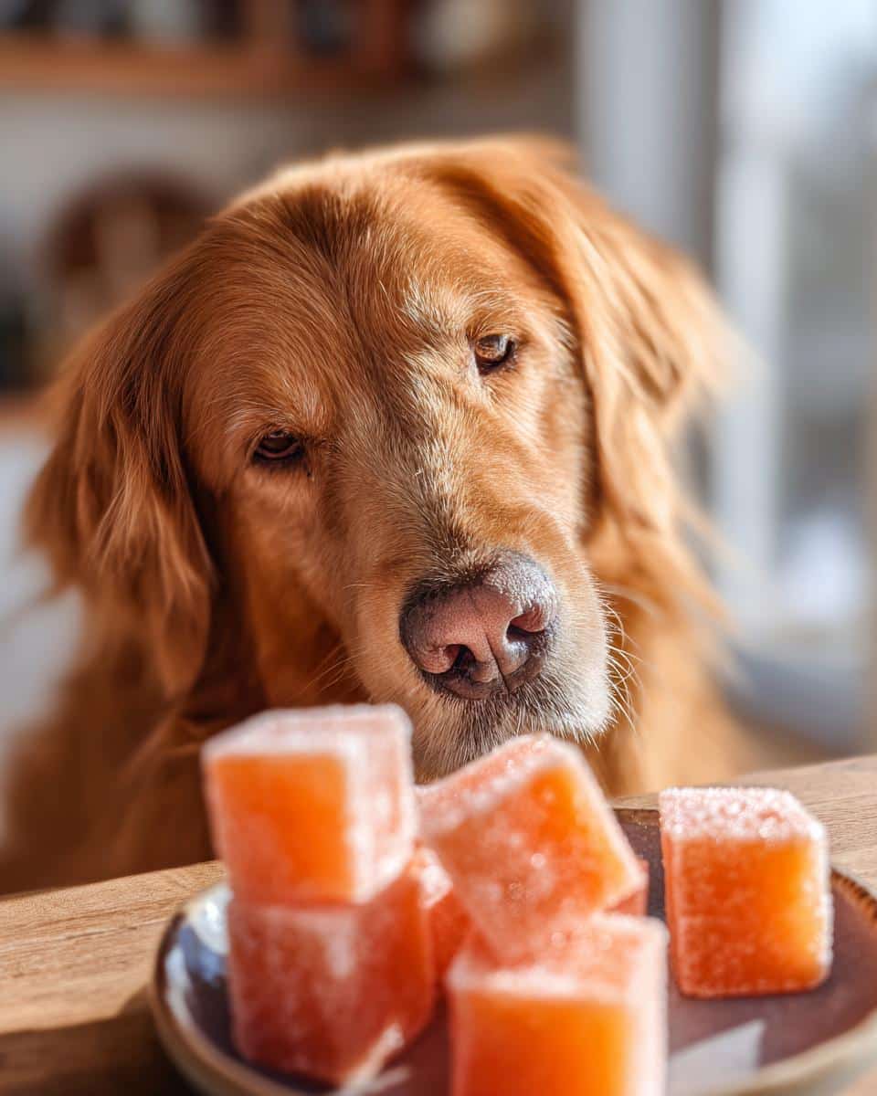 Golden Retriever dog looking at a plate of Mango Frozen Smoothie Cubes, a delicious and healthy treat for dogs.