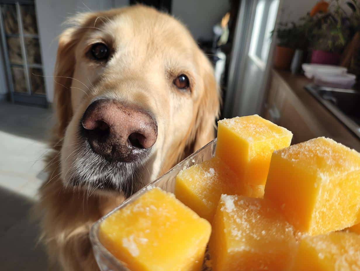 Golden retriever dog looking at a container of Mango Frozen Smoothie Cubes. Recipe for dogs.