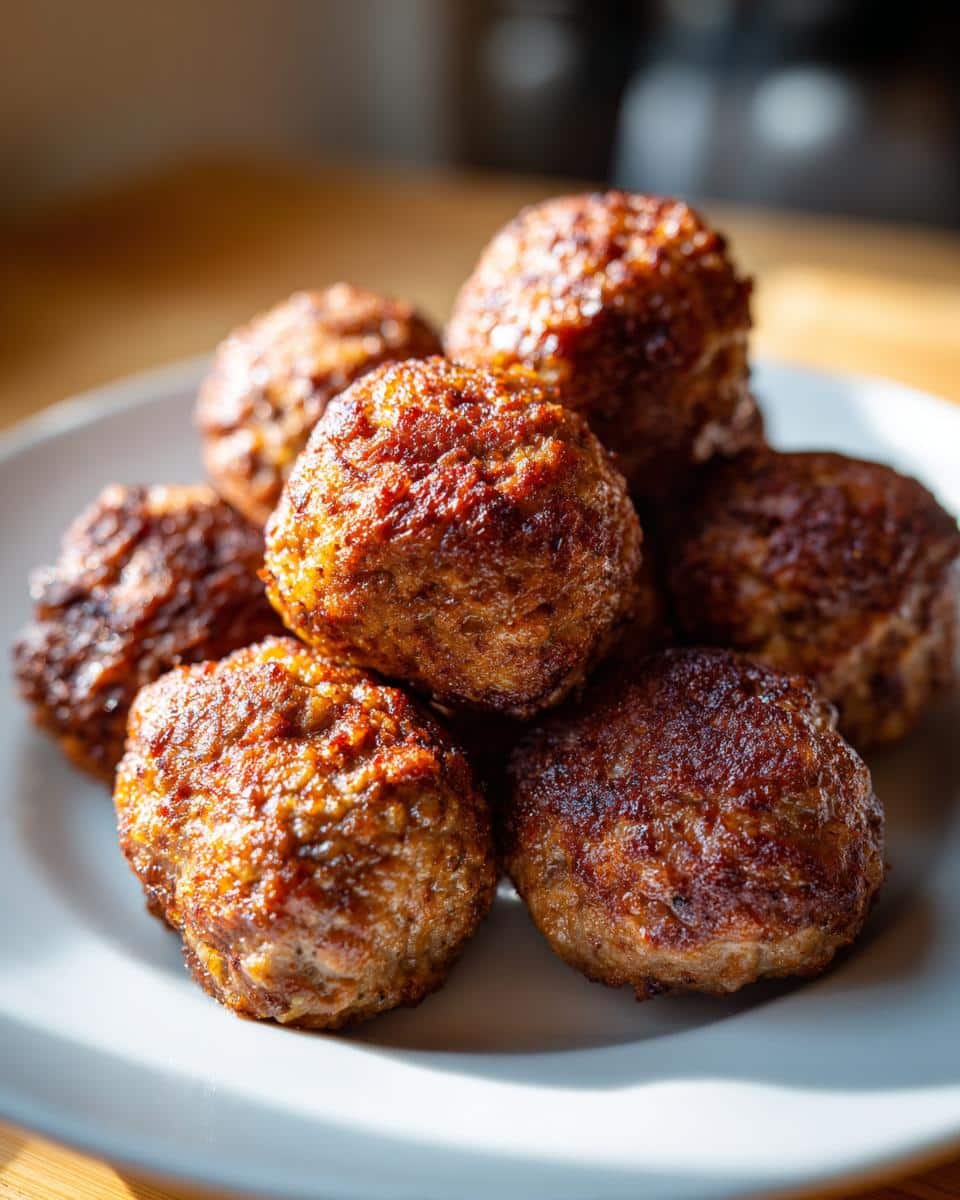 A pile of freshly cooked meatballs for dogs on a white plate, ready to be served.