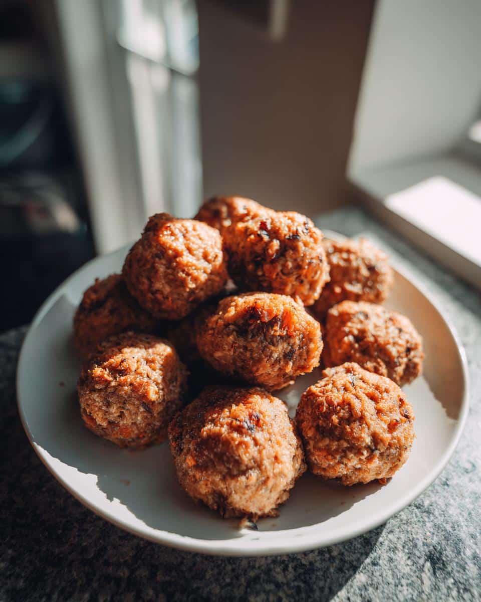 A plate piled high with homemade Meatballs for Dogs, ready to be served.