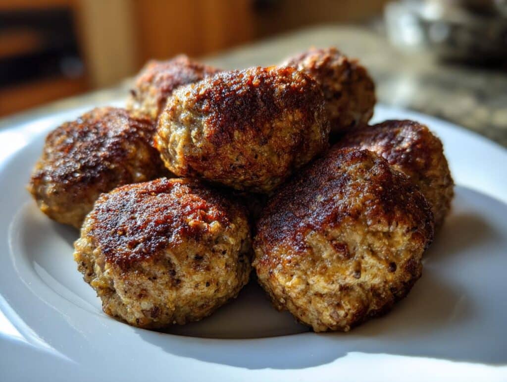 A plate of freshly cooked meatballs for dogs, golden brown and ready to serve.