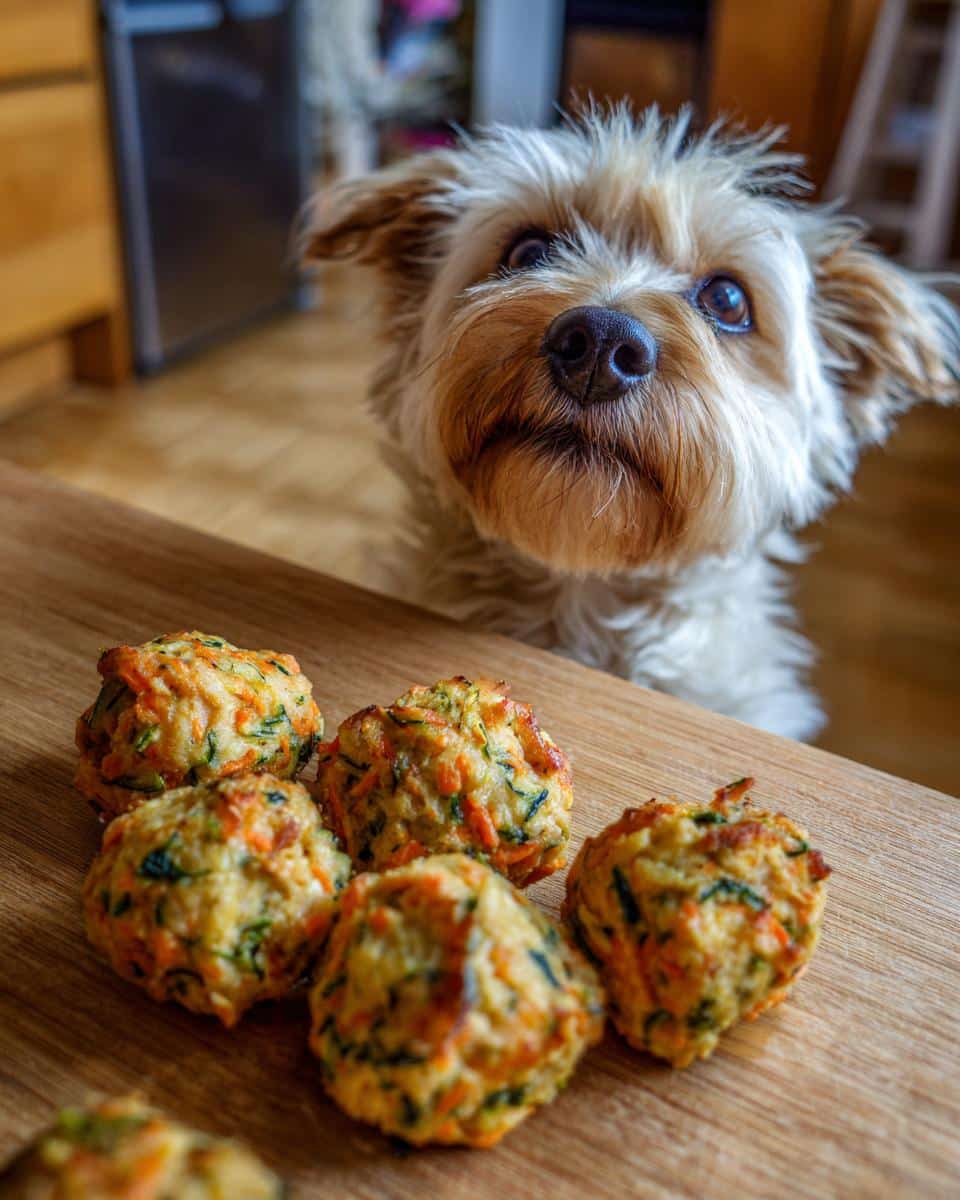 Small dog looking longingly at a batch of homemade Mini Turkey Meatballs for Small Dogs on a wooden board.