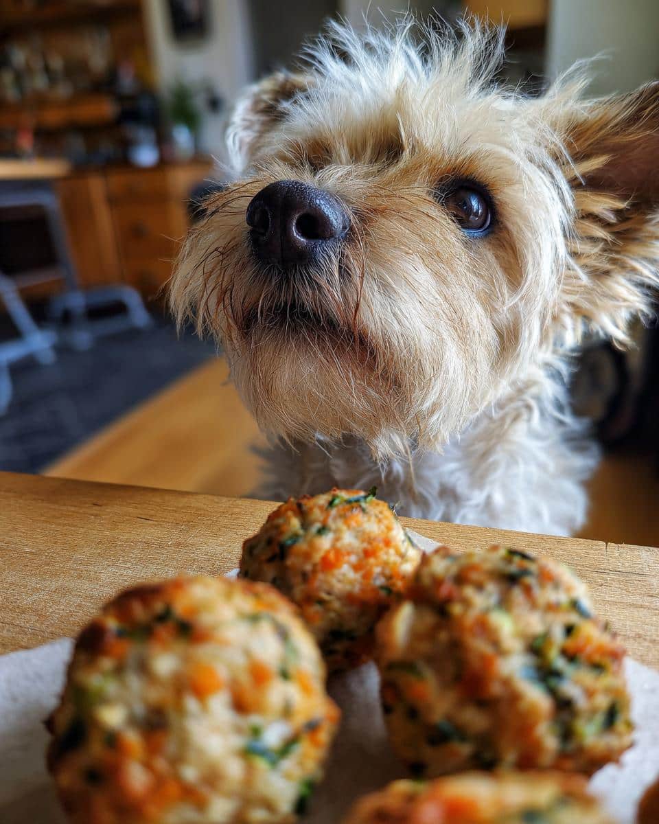 Small dog looking longingly at Mini Turkey Meatballs for Small Dogs on a wooden surface.