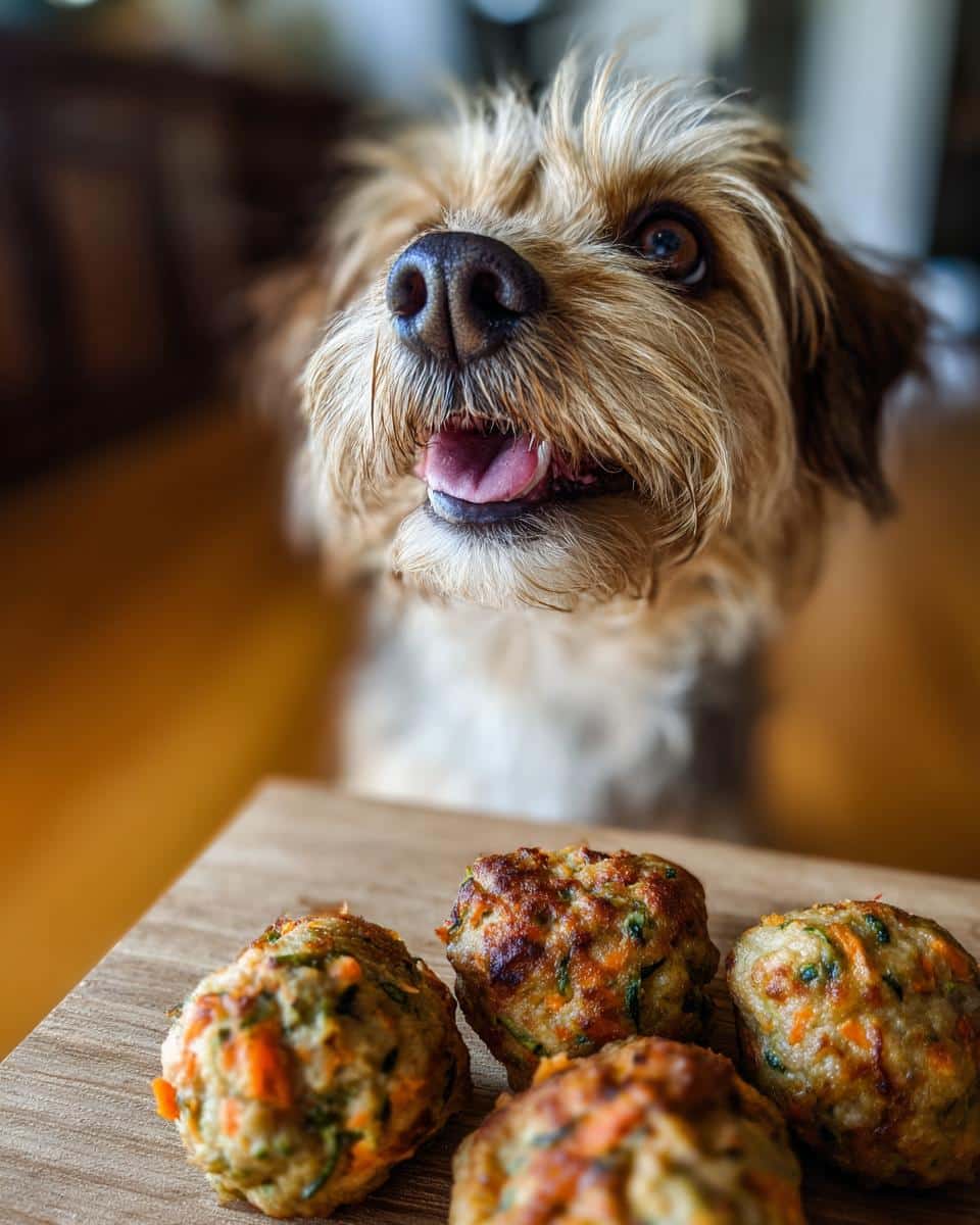 Small dog looking at a wooden board with Mini Turkey Meatballs for Small Dogs.