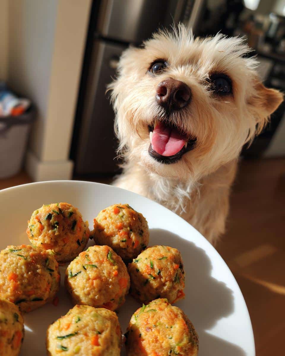 Happy small dog looking at a plate of Mini Turkey Meatballs for Small Dogs.