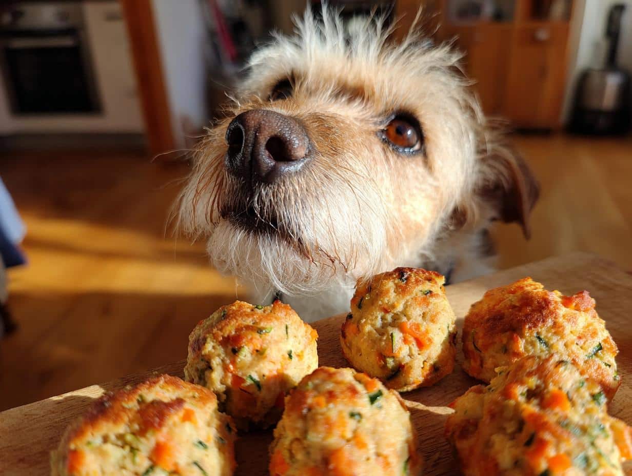 A small dog gazes longingly at a wooden board of Mini Turkey Meatballs for Small Dogs.