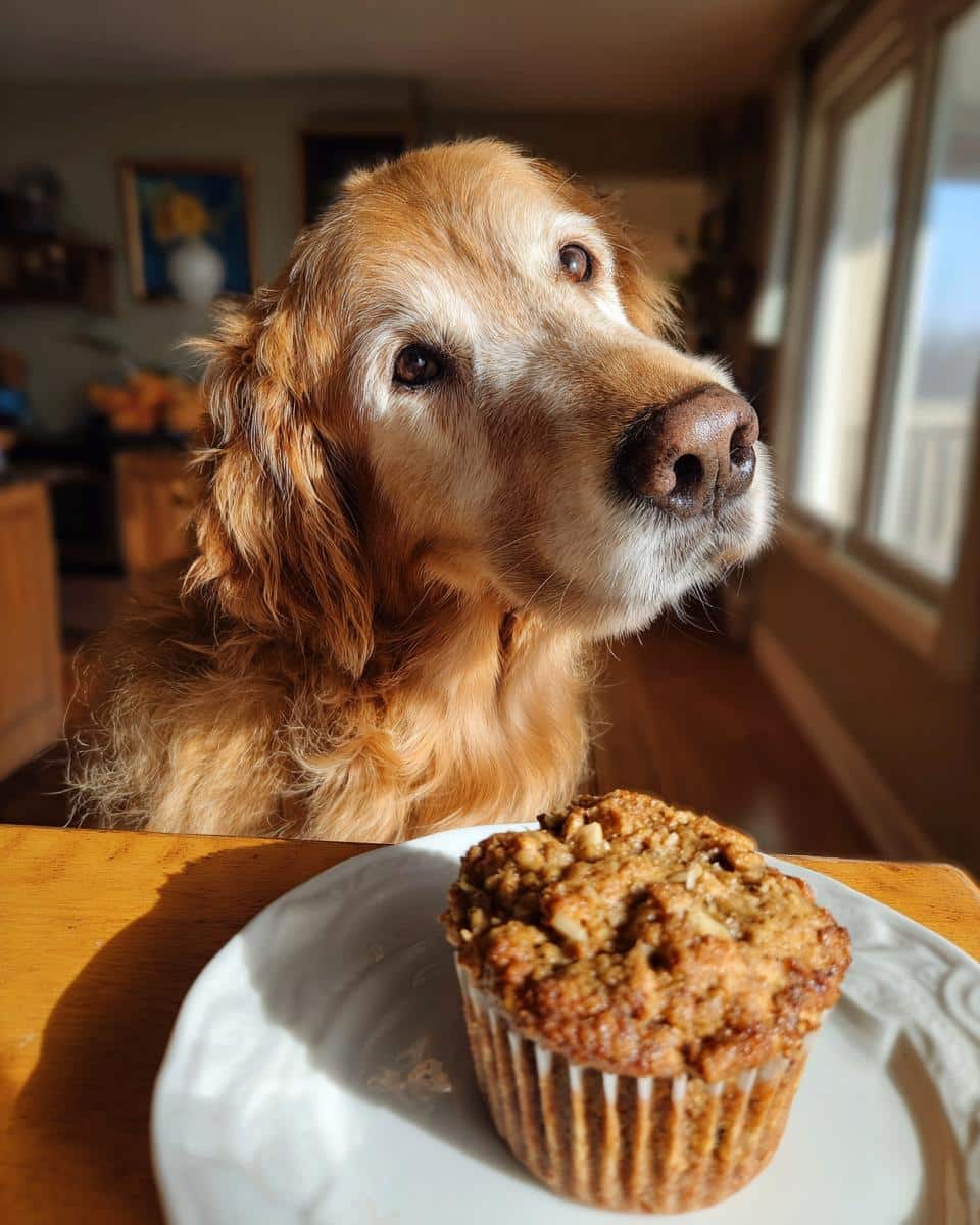 Golden retriever looking longingly at an Oatmeal Apple Cinnamon Muffin. Homemade dog treat recipe.