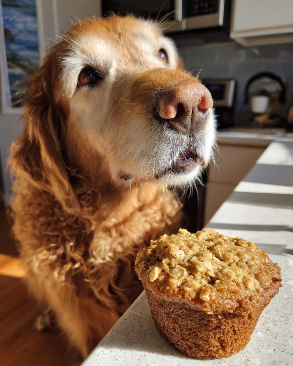 Golden retriever looking longingly at an Oatmeal Apple Cinnamon Muffin – Recipe for Dogs.