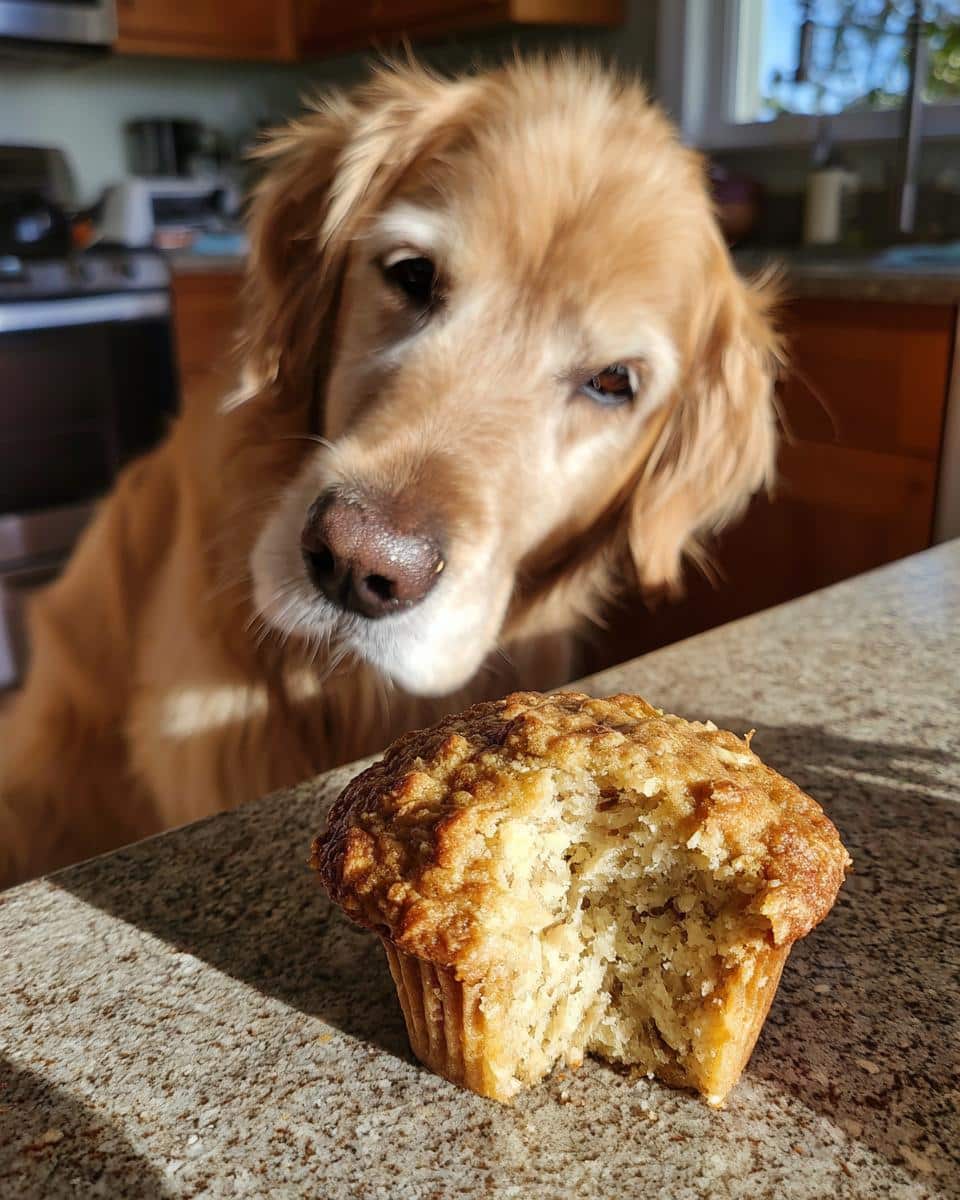 Golden Retriever looking at a partially eaten Oatmeal Apple Cinnamon Muffin – Recipe for Dogs.