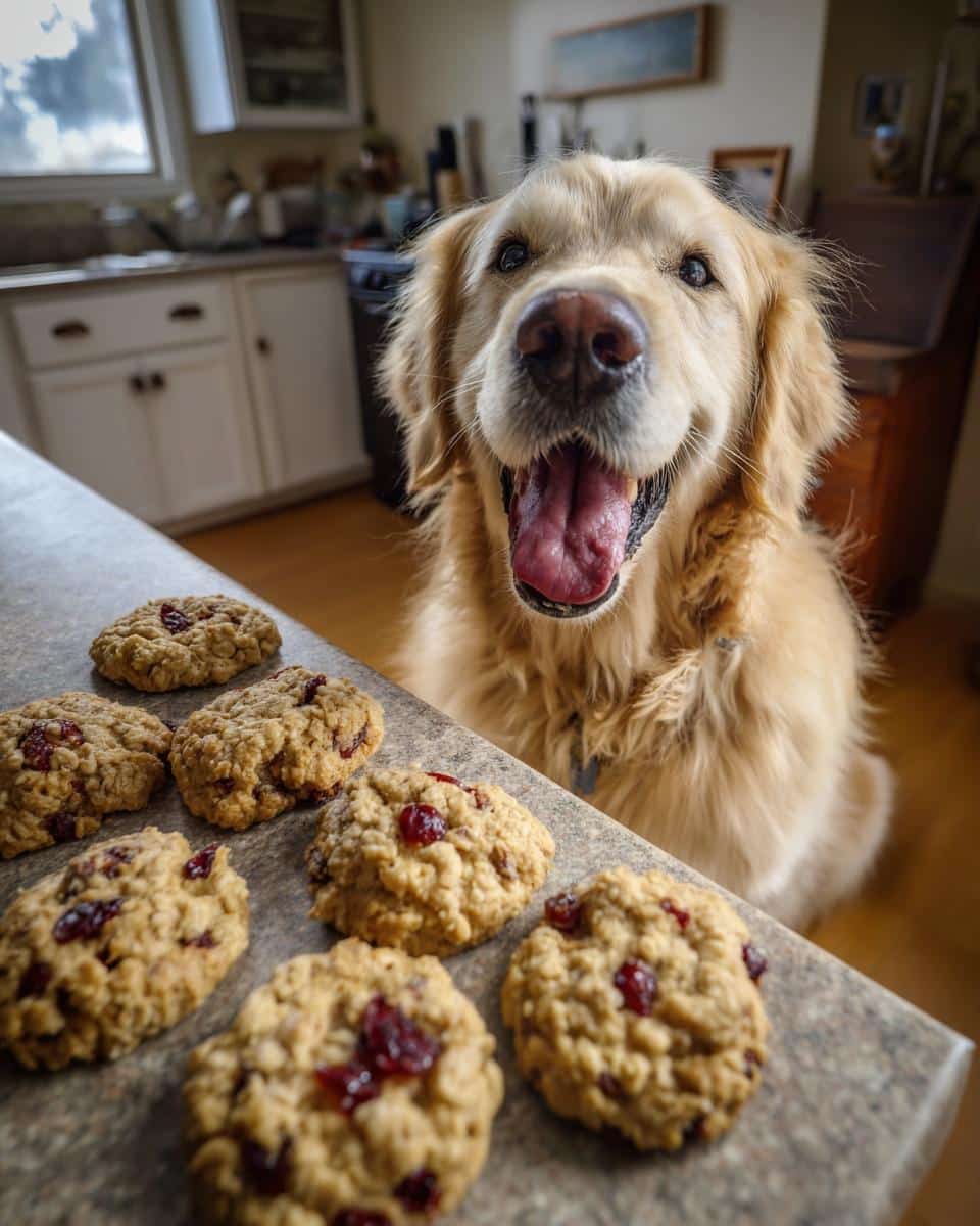 Golden retriever eagerly awaits Oatmeal Cranberry Cookies. Homemade dog treat recipe.