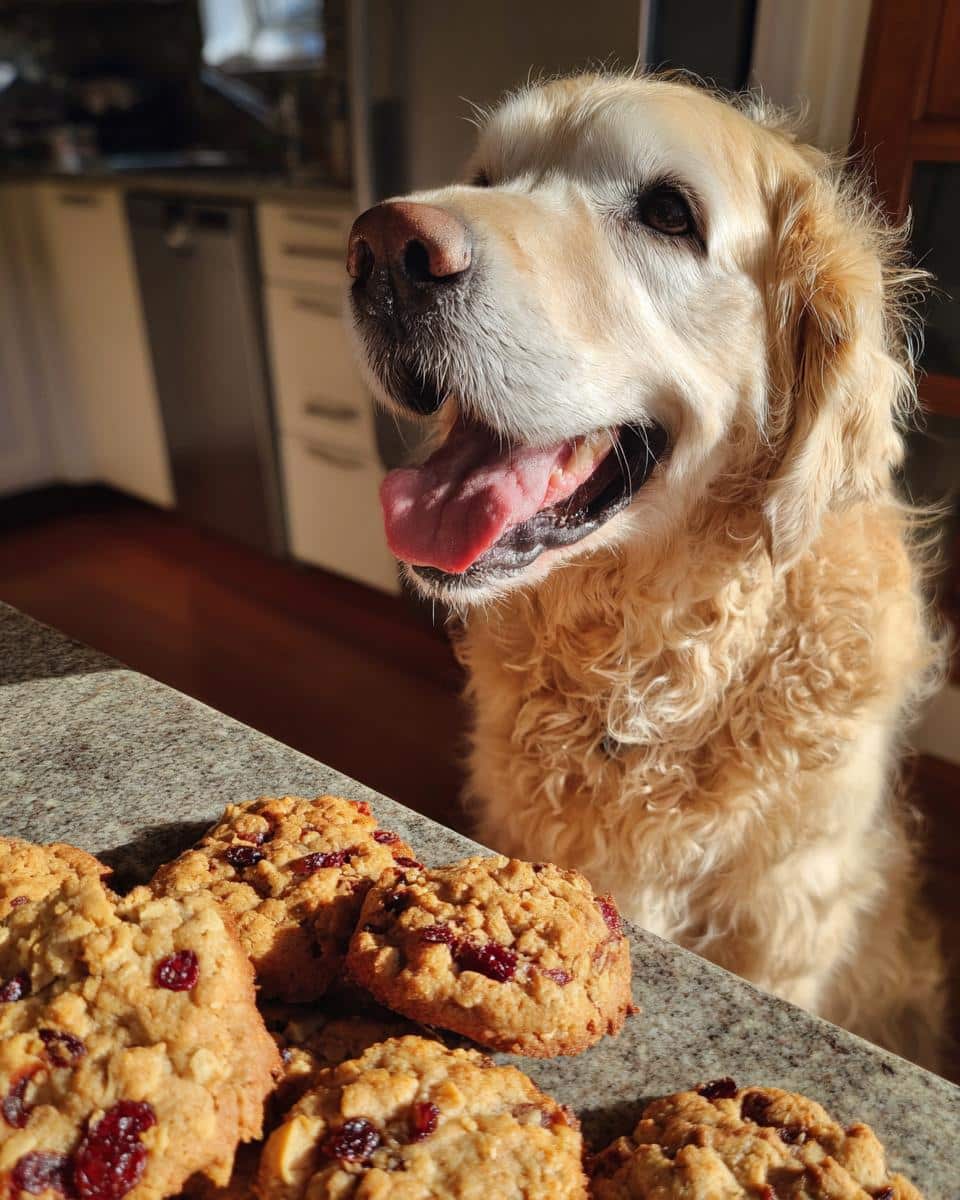 Golden Retriever dog looking at a batch of Oatmeal Cranberry Cookies. Recipe for Dogs.
