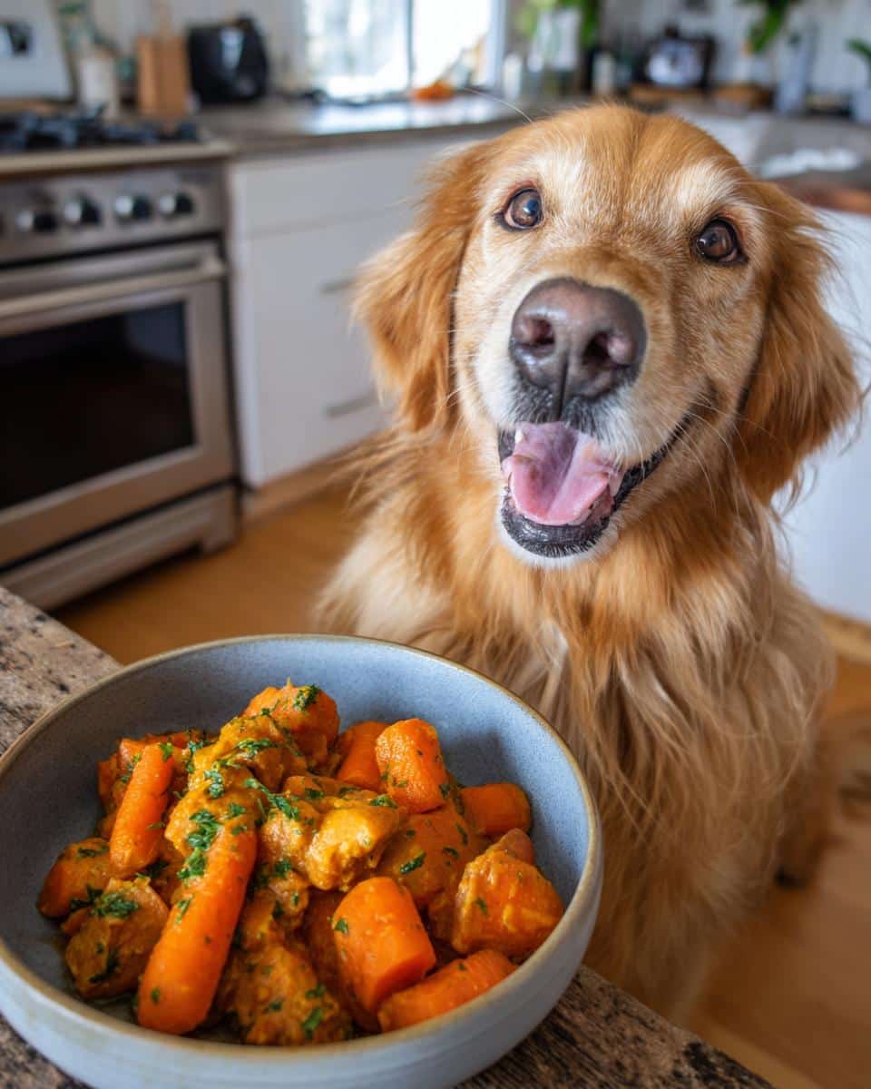Golden retriever eagerly awaits a bowl of One-Pot Chicken & Carrot Dog Food in a bright kitchen setting.