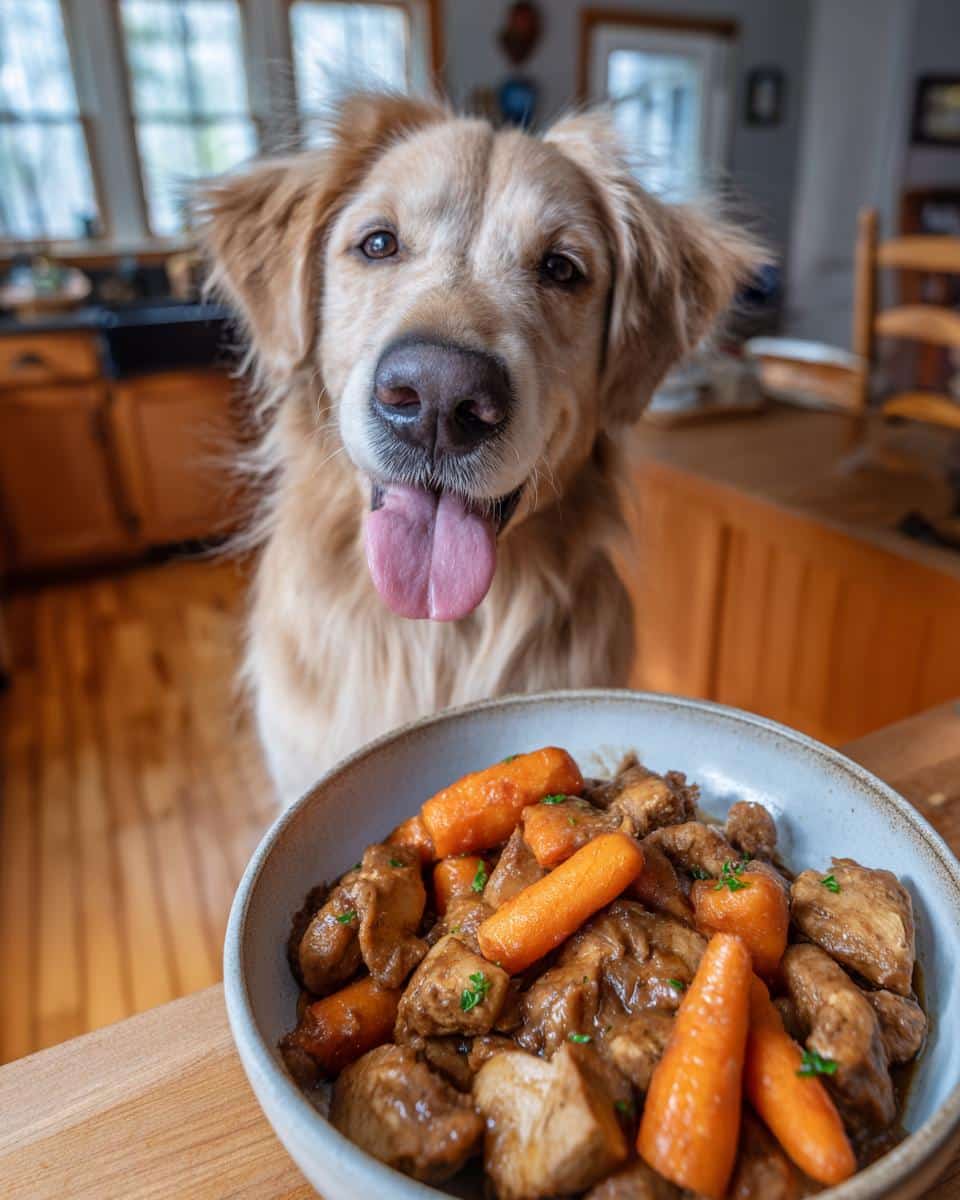 Golden Retriever looking at a bowl of One-Pot Chicken & Carrot Dog Food. He is eager to eat!