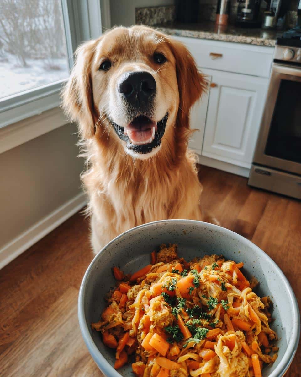 Golden Retriever smiling next to a bowl of One-Pot Chicken & Carrot Dog Food.