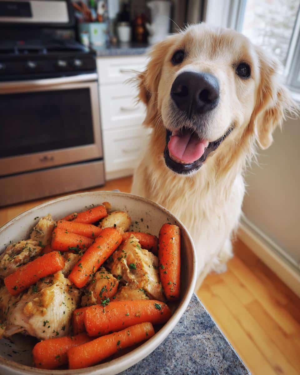 Golden Retriever dog looks happily at a bowl of One-Pot Chicken & Carrot Dog Food.