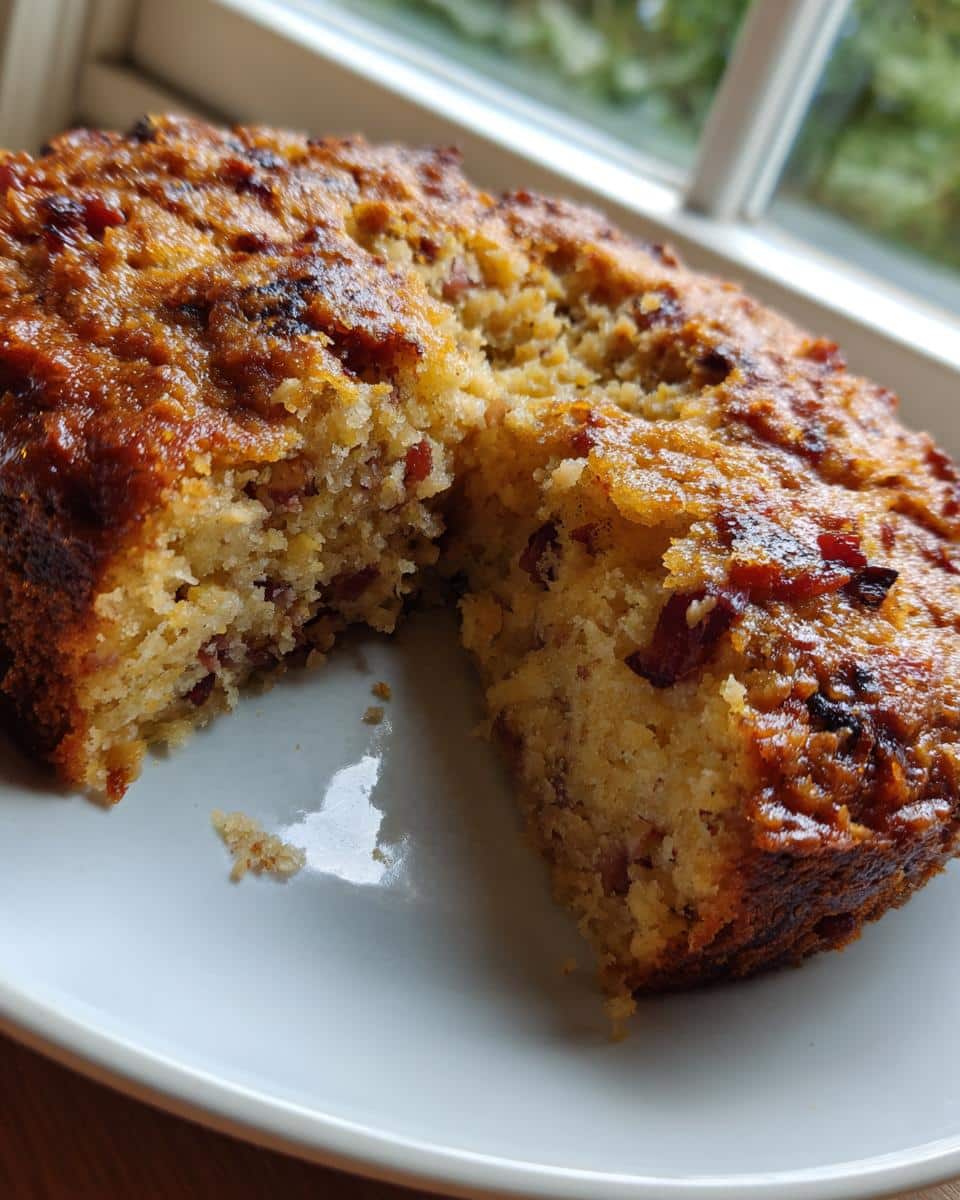 A delicious Peanut Butter Bacon Cake for Dogs, showing the inside texture and bacon pieces.