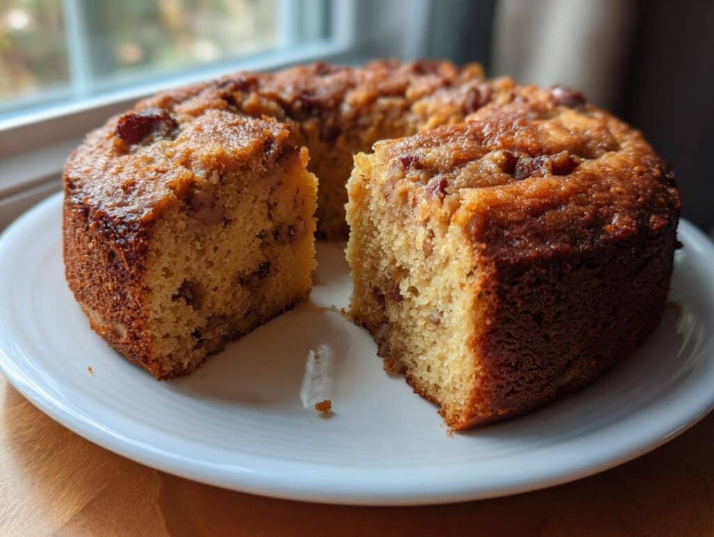 A delicious Peanut Butter Bacon Cake for Dogs, sliced and ready to serve on a white plate.