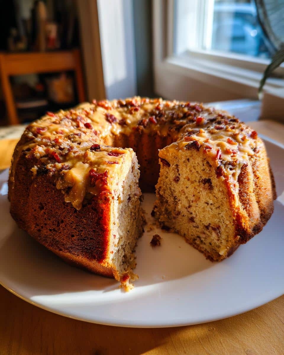 A sliced Peanut Butter Bacon Cake for Dogs on a white plate, showcasing the cake's texture and bacon topping.