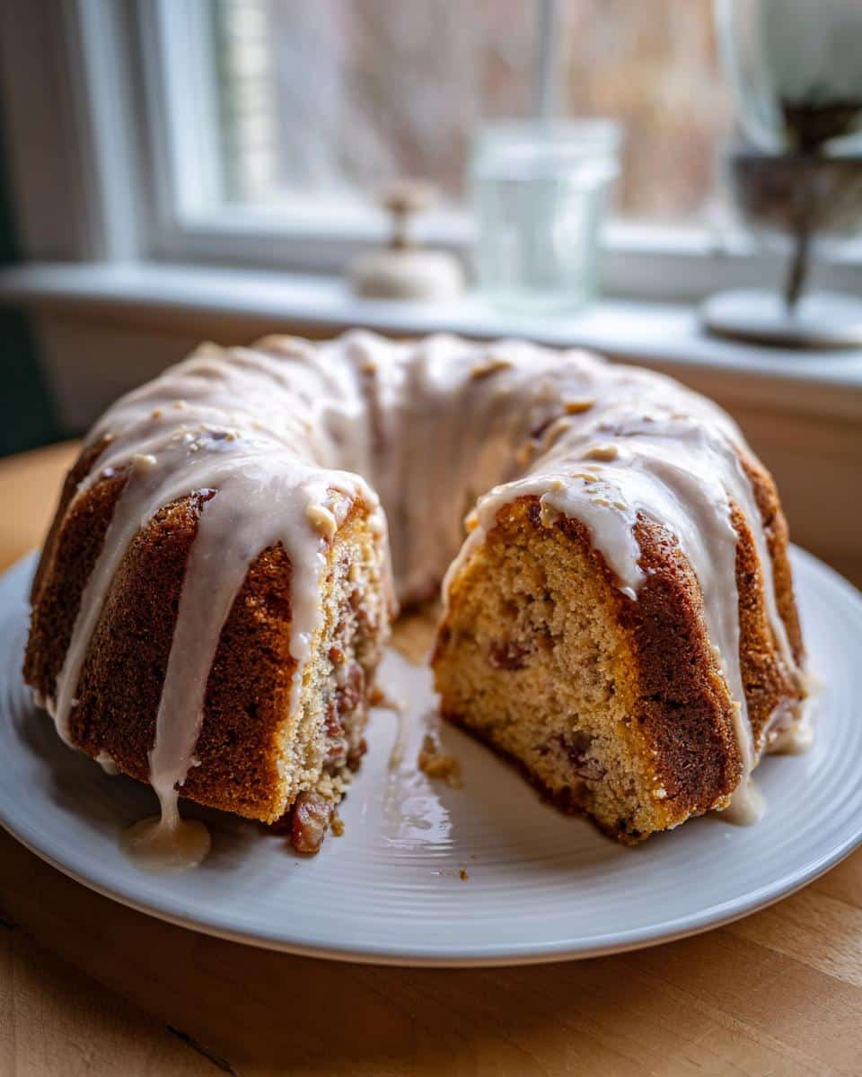 A sliced Peanut Butter Bacon Cake for Dogs, drizzled with icing, sits on a white plate.