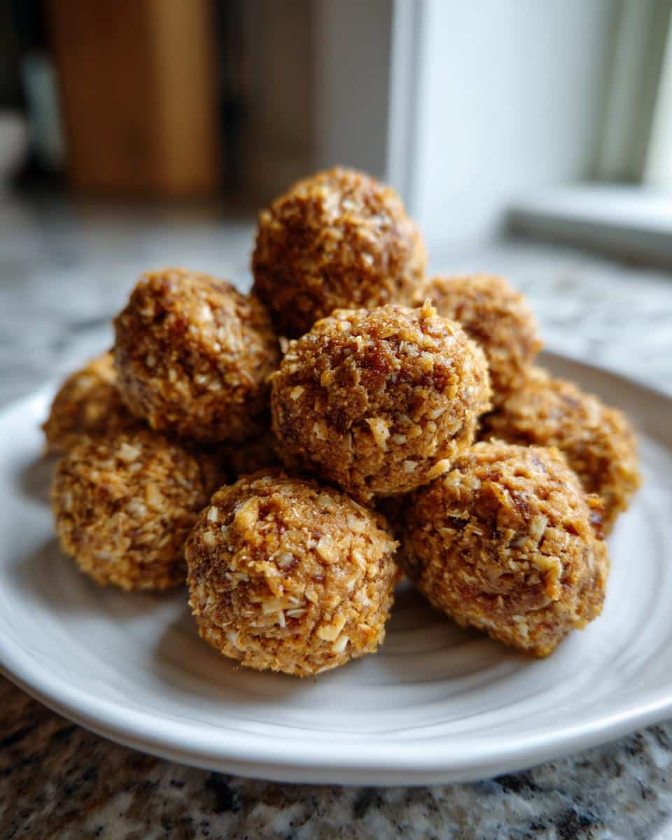 Pile of homemade Peanut Butter Balls for Dogs on a white plate, ready to be served as a treat.