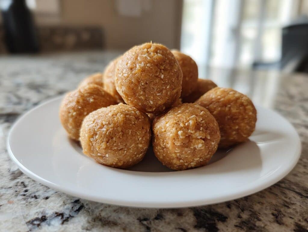 A plate of homemade Peanut Butter Balls for Dogs, perfect for a quick and healthy treat.