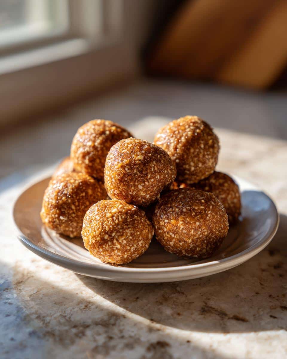 A stack of homemade Peanut Butter Balls for Dogs on a small plate, ready to be served as a treat.