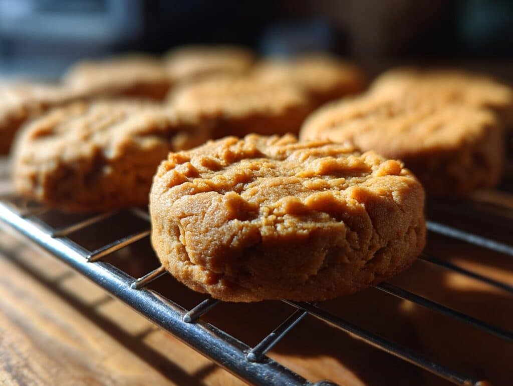 Close-up of freshly baked Peanut Butter Banana Dog Treats cooling on a wire rack.