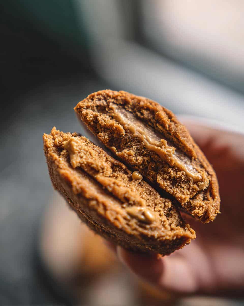 Close-up of a Peanut Butter Banana Dog Treat, split in half to show the peanut butter filling.