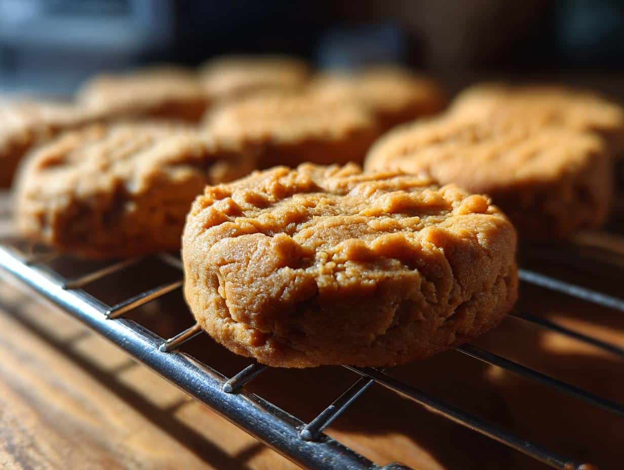 Close-up of freshly baked Peanut Butter Banana Dog Treats cooling on a wire rack.