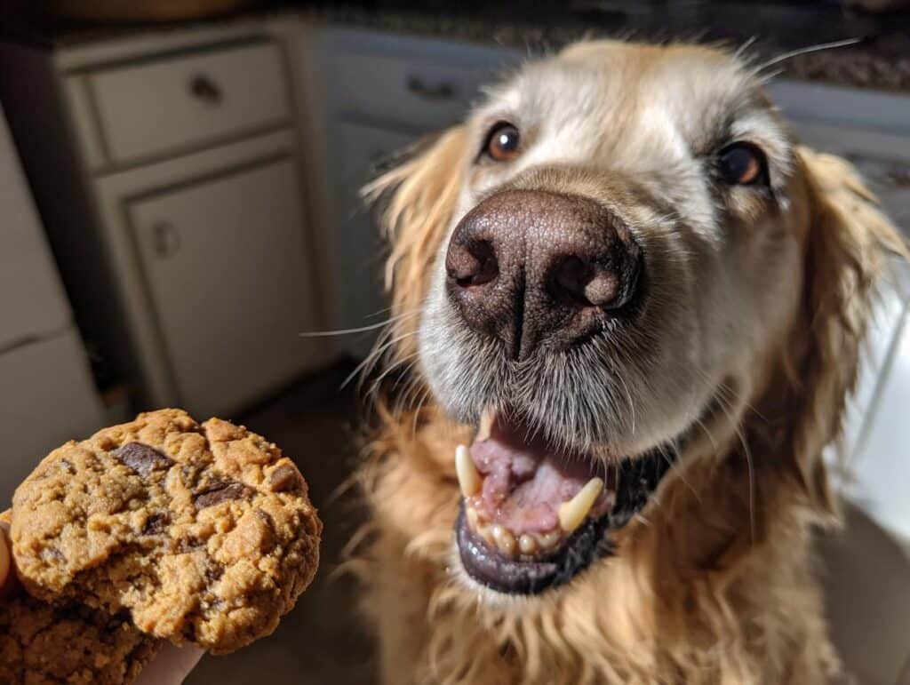 Golden Retriever eagerly awaits Peanut Butter & Carob Cookies. Dog-friendly recipe.