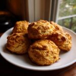 A plate of golden brown Peanut Butter Chicken Broth Dog Biscuits stacked, ready to be served to your furry friend.