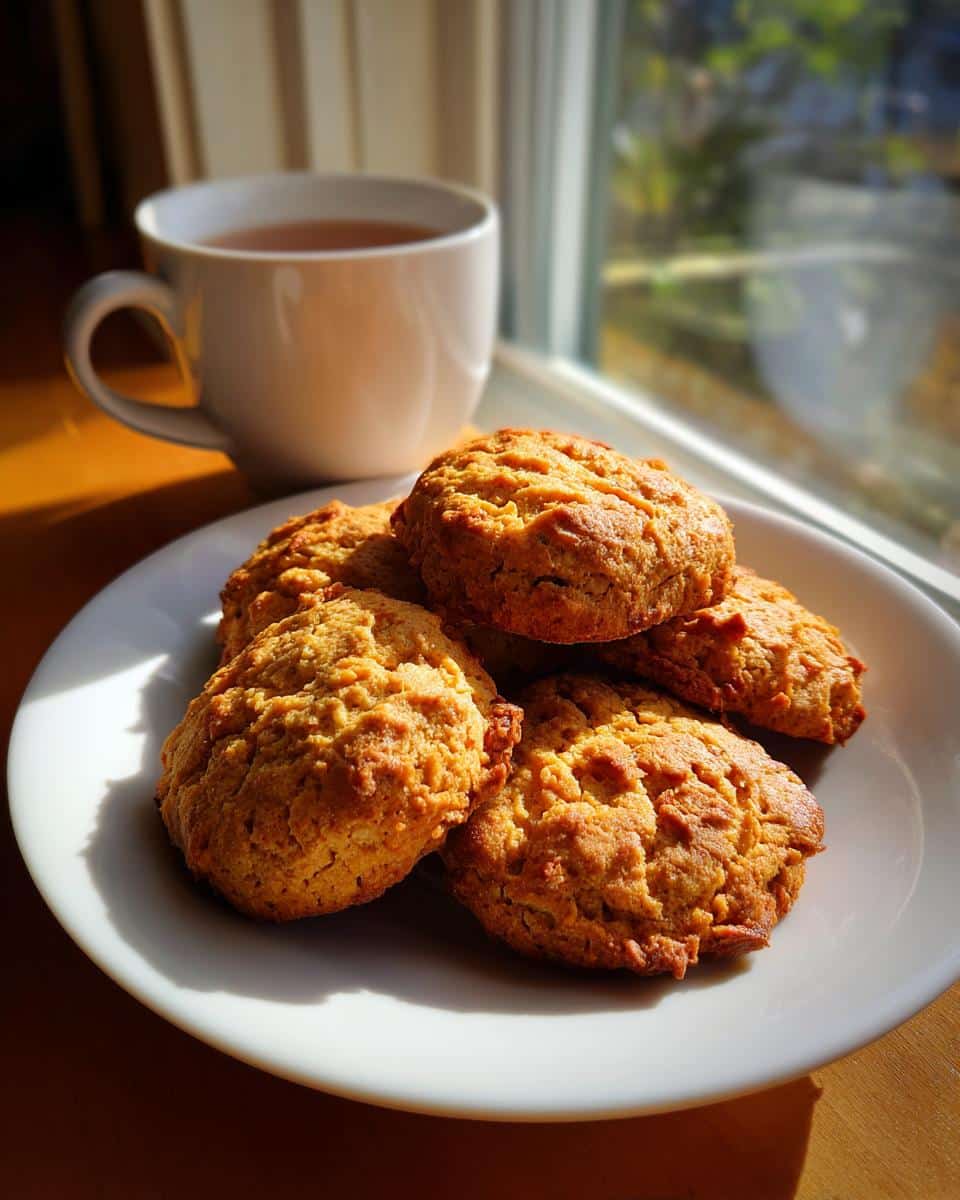 A plate of homemade Peanut Butter Chicken Broth Dog Biscuits next to a cup of tea, bathed in sunlight.